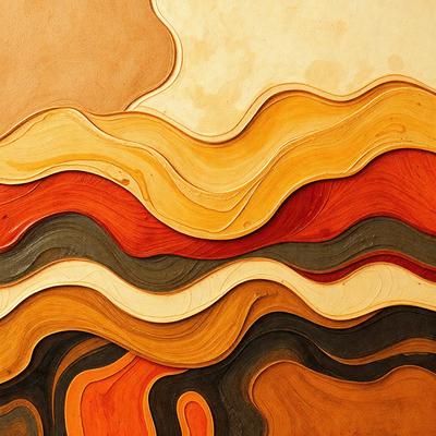 The primary subject of the image is a painting of a wave, featuring a mix of red, orange, and yellow colors. The setting is a wooden surface, possibly a wall or a table, where the painting is displayed. The visual style of the painting is a combination of digital art and illustration, creating a unique and vibrant atmosphere. The dominant colors in the painting are red, orange, and yellow, which contribute to the overall mood and energy of the scene.